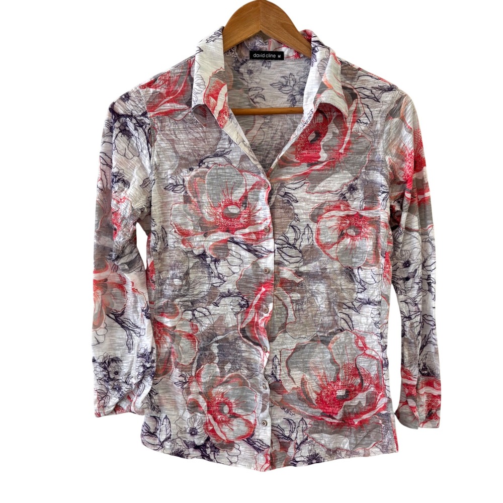 David Cline Crushed Snap Front Top S Gray Abstract Floral Crinkle Art to Wear